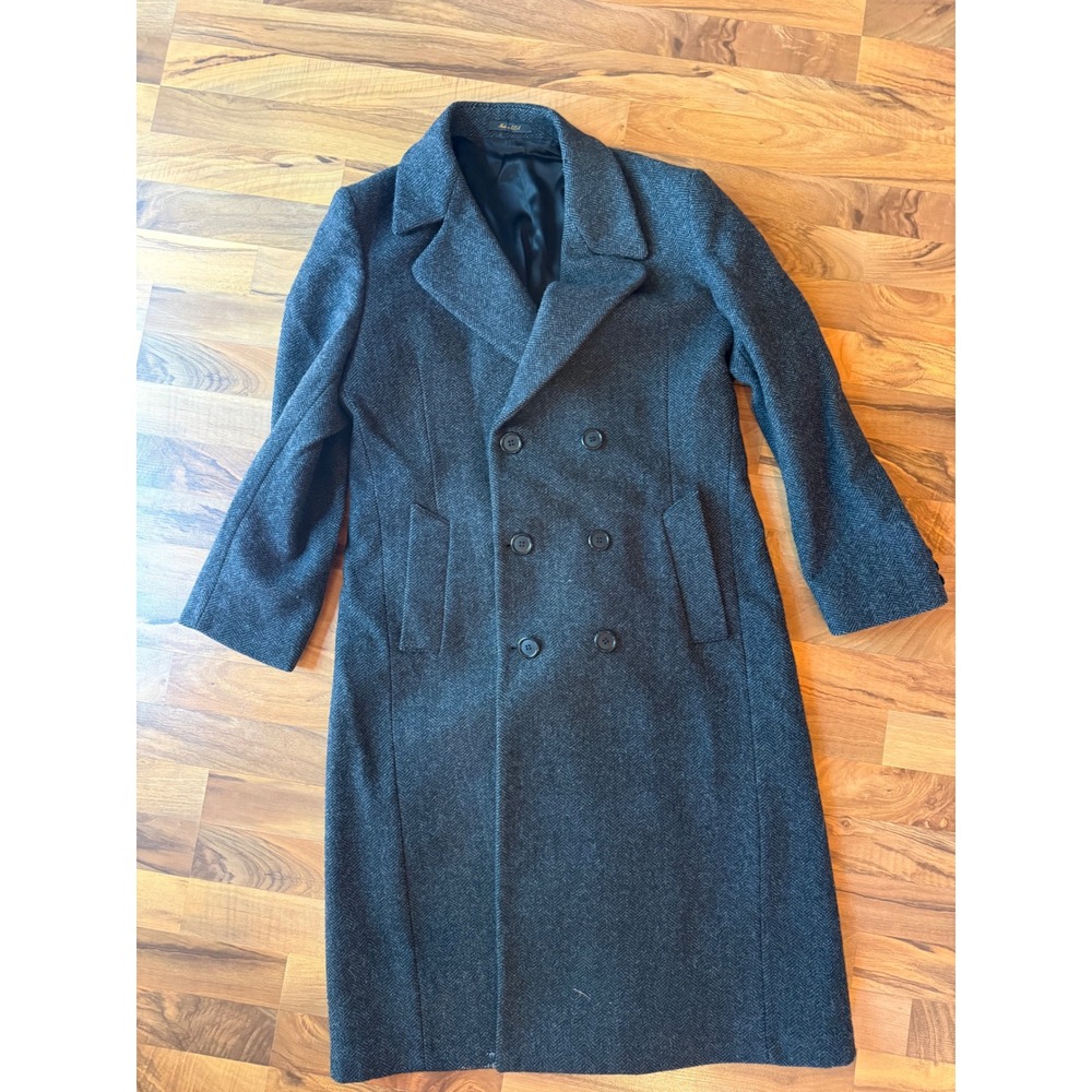 London Fog Overcoat Mens 40 Grey Herringbone Wool Double Breasted USA Vintage